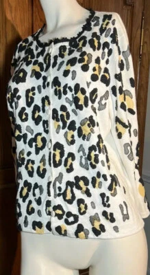 MICHAEL SIMON VINTAGE BLACK/OFF WHITE/LEOPARD CARDIGAN SWEATER LARGE - Image 1 of 4