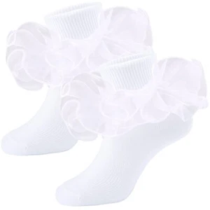 Girls Frilly Lace Ruffle Socks Turn Cuff Dress Socks 2/3 Pack Toddler Kids - Picture 1 of 7
