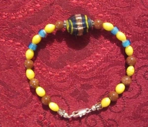 VINTAGE GLASS AND STONE BRACELET BLUE, YELLOW GLASS, GOLDSTONE BEADS - Picture 1 of 4