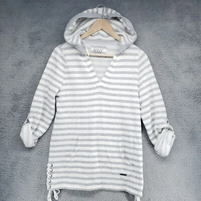 MNY Marc New York Rolled Sleeve Womens S Hooded Hoodie Gray Stiped Shirt $58 - Image 1 of 4