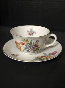 Vintage PirkenHammer Dresden Teacup & Saucer Floral Gilded Czechoslovakia - Picture 1 of 5