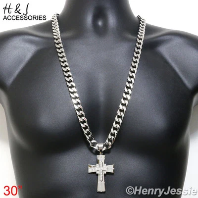 Collar Cubano 24"30"36" Acero Inoxidable 11mm Plata Bordillo Colgante Cruz Circonita ICY*N7 Foto 1 de 4