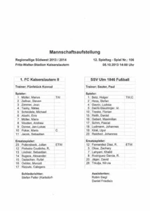 Line up 13/14 RL 1. FC Kaiserslautern II - SSV Ulm 1846 - Imagen 1 de 1