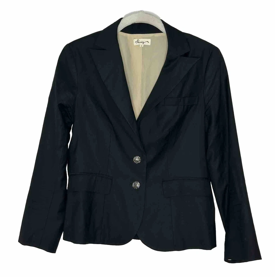 PENCEY 女式黑色 100% 羊毛丝绸 2 纽扣西装外套 2 码 — 第 1/4 张图片