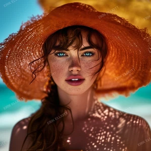 8x8 Photo Art Print Pretty Girl Blue Eyes Picture Female Artwork Beach Hat - Picture 1 of 2