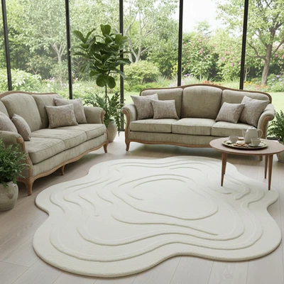 Alfombra blanca irregular onda de lana hecha a mano para sala de estar, dormitorio Foto 1 de 4