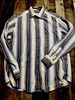 Indigo Palms Shirt Men XL  Blue Yellow Brown Stripe Button Up Long Sleeve Cotton - Image 1 of 4
