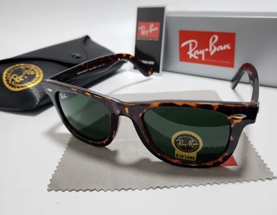 Ray-Ban RB2140 Wayfarer Sunglasses  Tortoise Brown Frame 50mm Glass Green Lens - Image 1 of 4