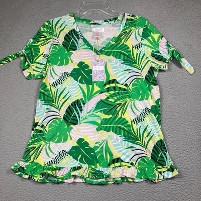 Топ женский Stella Parker средний зеленый с листьями джунглей короткий рукав тропический с V-образным вырезом - Изображение 1 из 4