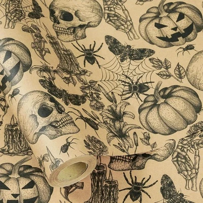 RUSPEPA Kraft Autumn Wrapping Paper Roll, Mini Roll, Vintage Black Skull, Spider - Imagem 1 de 4
