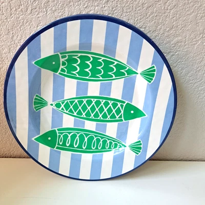 4 Cynthia Rowley Melamine Dinner Plates green fish blue stripes 11" Pre-Loved  - Image 1 of 4