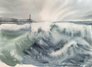 Original Watercolor Modern Art Painting Seascape LIGHTHOUSE Wave Landscape 12x8" - Picture 1 of 9