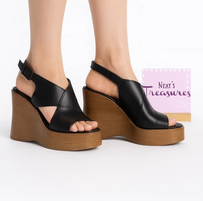 Sandalias Lucky Brand DELAYNEE Cuero Negro Banda Ancha Cuña Plataforma Talla 8.5 M NUEVAS Foto 1 de 4