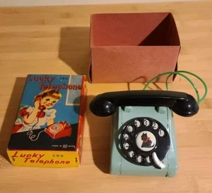 Vintage Japanese Tin Toy Rotary Phone Lucky Little Phone No. 1 Original Box Rare - Picture 1 of 12