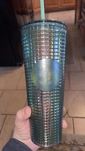 2022 Starbucks Fall Aqua Grid Rainforest Iridescent Venti Tumbler 24oz Cold Cup - Picture 1 of 7