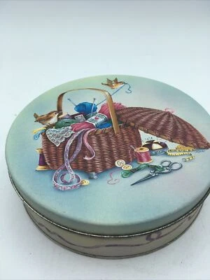 Cesta artesanal de 6 pulgadas de lata de costura redonda de colección con pájaros Foto 1 de 4