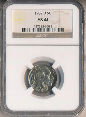 1937-D BUFFALO NICKEL **NGC CERTIFIED MS 64** SHIPS FREE!! - Image 1 of 2