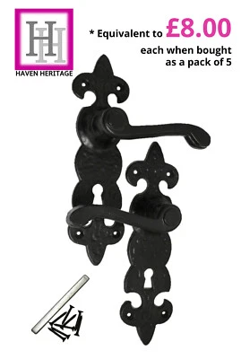 ANTIQUE FLEUR-DE-LYS BLACK DOOR HANDLE LEVER LOCK ORNATE CAST IRON + FIXINGS - Image 1 of 4