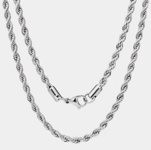 Rope Chain Necklace White Gold Plated Stainless Steel Men's Women's Jewelry 3mm - Picture 1 of 7