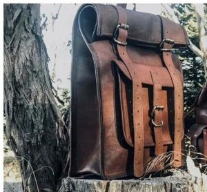Travel Genuine New Rolling Men Brown Bikers Vintage Bag Leather Backpack - Picture 1 of 5