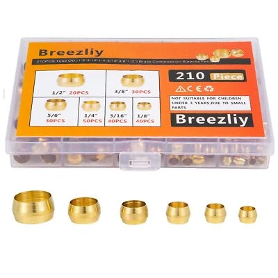 210PCS Tube OD（1/8" 3/16" 1/4" 5/16" 3/8" 1/2" Brass Compression Sleeves Ferr... - Image 1 of 4