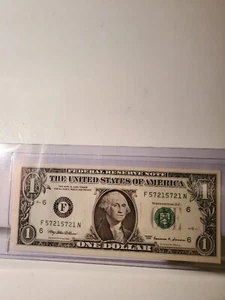 $1.00 One Dollar Bill FRN Series 1999 Fancy Serial Number Repeater F 57215721 N - Picture 1 of 2