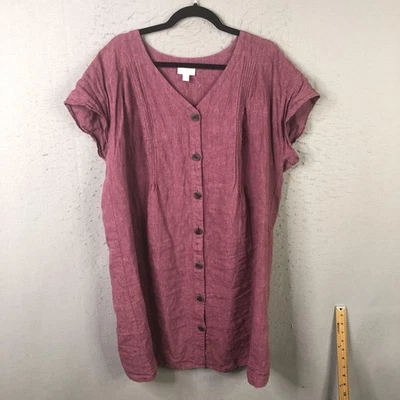 J. Jill Love Linen Dress Womens 2X Rose Short Sleeve Button Front V Neck Pintuck - Image 1 of 4