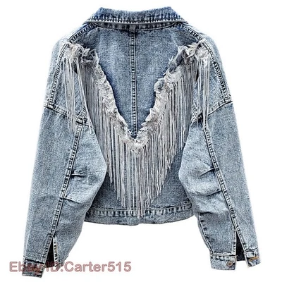 Women Denim Jacket Sequins Beading Tassels Slim Jean Coat Spring Outwear Casual - Image 1 of 4
