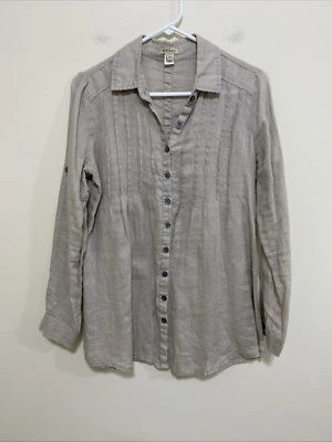 Nikibiki Medium Tan Linen Tunic Long Roll Tab Sleeve Pintuck - Image 1 of 4