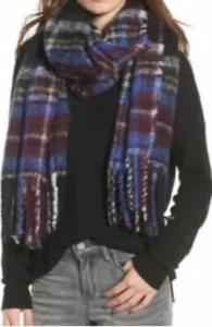 NEW Women's Fringed Multicolor Blue Black Fringe Scarf Winter Cold Fall Casual - Picture 1 of 7
