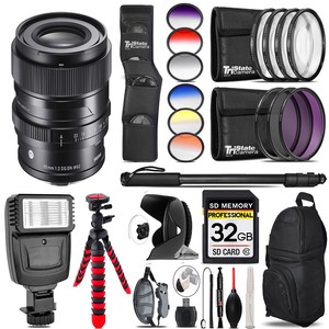 Sigma 65mm f/2 DG DN Contemporary Lens Sony E +Flash+Color Filter Set-32GB Kit