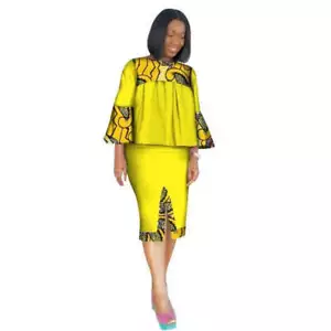 African Clothing Women Ankara Two Pieces Set Long Sleeve Crops Tops-Skirt X11011 - Picture 1 of 12