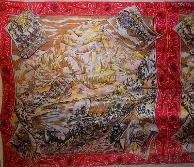 4 Yards Plus Vintage Silk Scarf Fabric 5 Panels Novelty Western Covered Wagon - Image 1 of 4