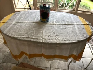 3 Vintage Cotton Tablecloths  STRIPE BORDER Green Gold Pre-Owned - Picture 1 of 17