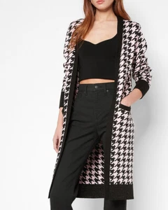 NEW EXPRESS $138 BLACK PINK METALLIC HOUNDSTOOTH PRINT DUSTER CARDIGAN SZ XS - Picture 1 of 4