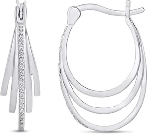 1/10ct Multi Row Hoop Earrings Natural Round Diamond 925 Sterling Silver - Picture 1 of 12