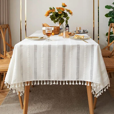 Rustic Embroidered Striped Tablecloth Dining Kitchen Table Cover Farmhouse Decor - Image 1 of 4