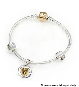 PANDORA 925 Silver & Genuine 14K Yellow Gold Logo Clasp Charm Bracelet 590702HG - Picture 1 of 6