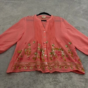 Fig and Flower Button Up besticktes Top Damen L rosa Blumen Viskose Mischung Boho - Bild 1 von 15