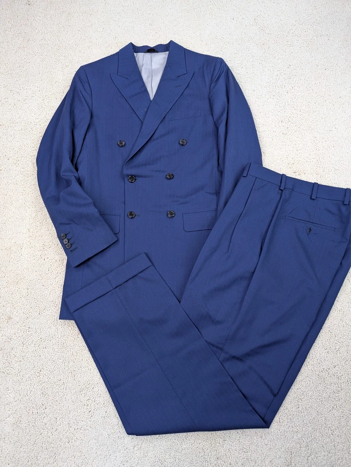 Suit Mens 40L 32x33 Blue Pinstripe Wool 2 Piece Jacket Pants Double Breasted USA - Image 1 of 4