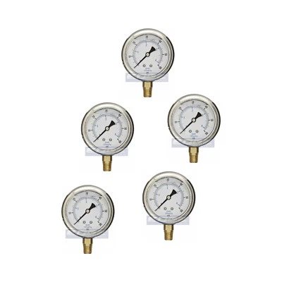 5 PACK LIQUID FILLED PRESSURE GAUGE 0-60 PSI, 2.5" FACE, 1/4" NPT LOWER MOUNT - Image 1 of 4
