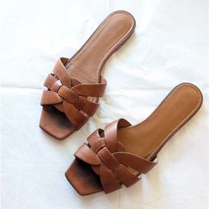 Saint Laurent Brown Leather Tribute Flat Slide Sandals, size EU 39+/US 8.5 - Picture 1 of 7