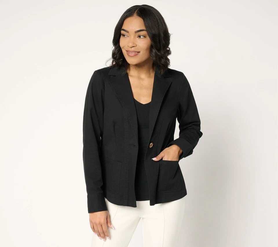 Blazer negro Joan Rivers Classics Collection regular firma sarga ceñida espalda Foto 1 de 1