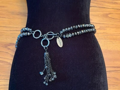 Suzi Roher Boho Beaded Elastic Slate Grey Belt Tassel Toggle Closure Y2K Med - Image 1 of 4