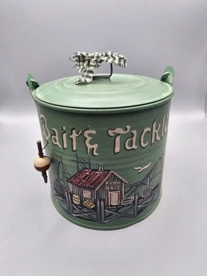 Vintage Style Bait & Tackle Tin Canister with Lid – 4.5" Tall Fishing Decor - Image 1 of 4