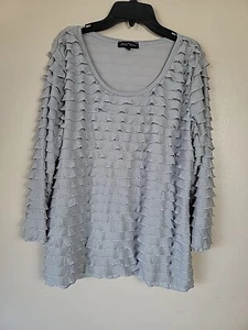 Slinky Brand Tiered Ruffle Top SzL Gray 3/4 Sleeve Layered Pullover Lightweight - Picture 1 of 11