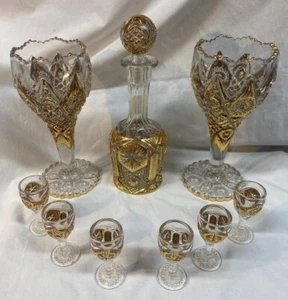 COUNTER END VASES, DECANTER AND GLASSES GOLD DECORATION SET OF 10 - Picture 1 of 8