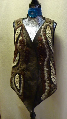 Winter vest FreeForm L XL Plus FauxFur leather wool lace beads quilt Textil Art  - Image 1 of 4