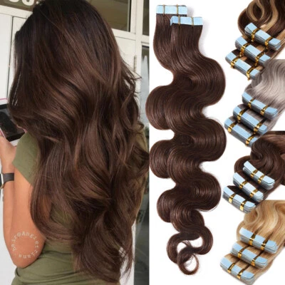 Body Wave Tape In 150G Remy Human Hair Extensions Skin Weft Full Head THICK Long - Image 1 of 4