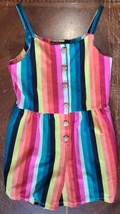 sleeveless girls rainbow Romper shorts, button front, tie at back, size Large - Picture 1 of 13